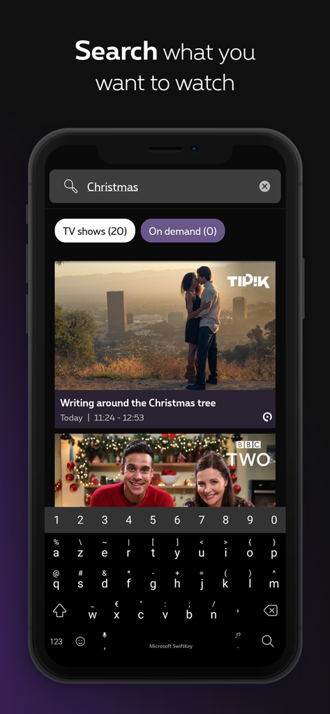 Suchbildschirm der Proximus Pickx App mit Ergebnissen für Weihnachts-TV-Sendungen und Filme.