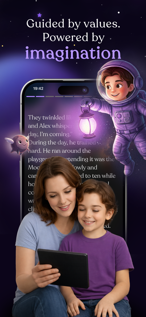 Patmi: AI Storyteller for Kids - Mother and child reading a personalized AI story together on a tablet