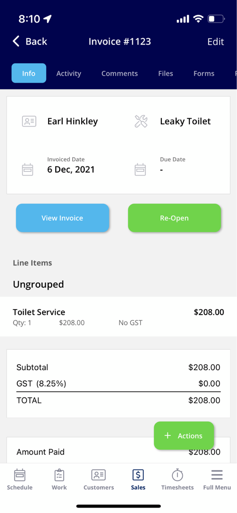 FieldPulse app invoice screen showing customer details and billing for plumbing services.