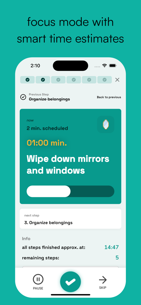 neurolist: AI Planner for ADHD - Schermata della modalità focus di Neurolist che visualizza un singolo compito con un conto alla rovescia intelligente