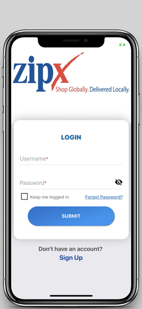 Zipx - Zipx mobile app login screen with username and password input fields and a submit button.