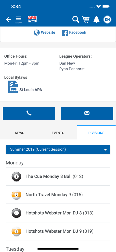 L'application APA Pool League montrant les divisions locales et les coordonnées de la ligue.