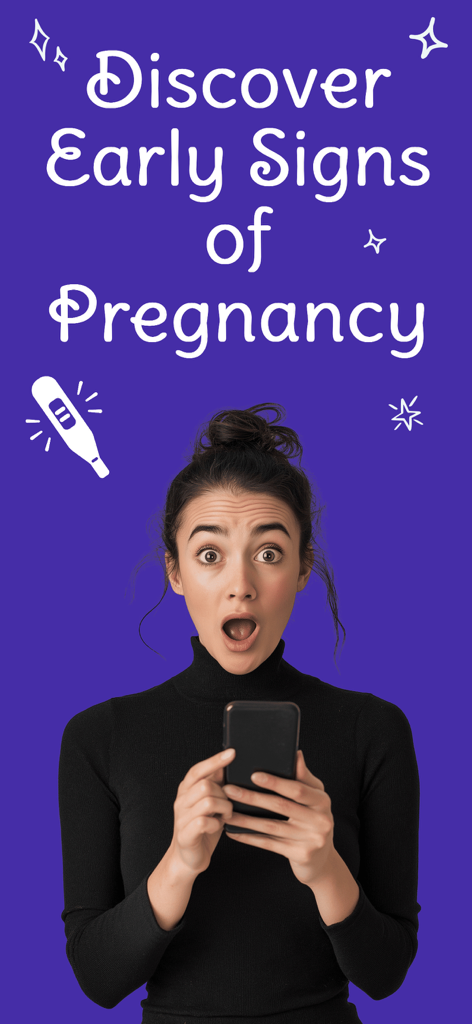 Surprised woman looking at her smartphone with text about discovering early signs of pregnancy