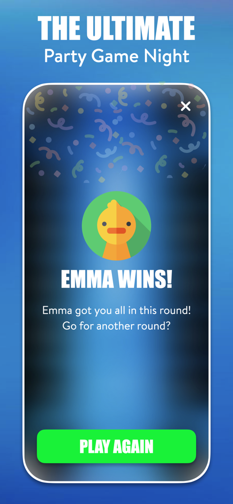 Tap Battle - Party Game - Tela de vitória para o Tap Battle Party Game mostrando que a jogadora Emma venceu a rodada