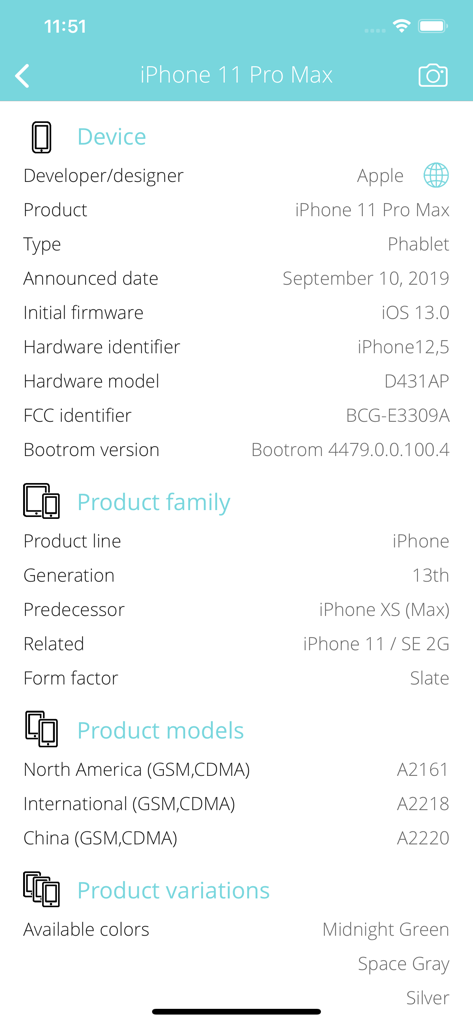 Especificaciones técnicas de hardware del dispositivo para un iPhone 11 Pro Max.