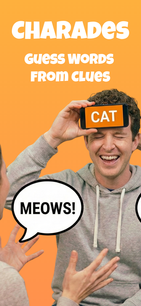 Charades : Guess & Party Game - Una persona jugando a las charadas con un teléfono en la frente mientras un amigo da pistas