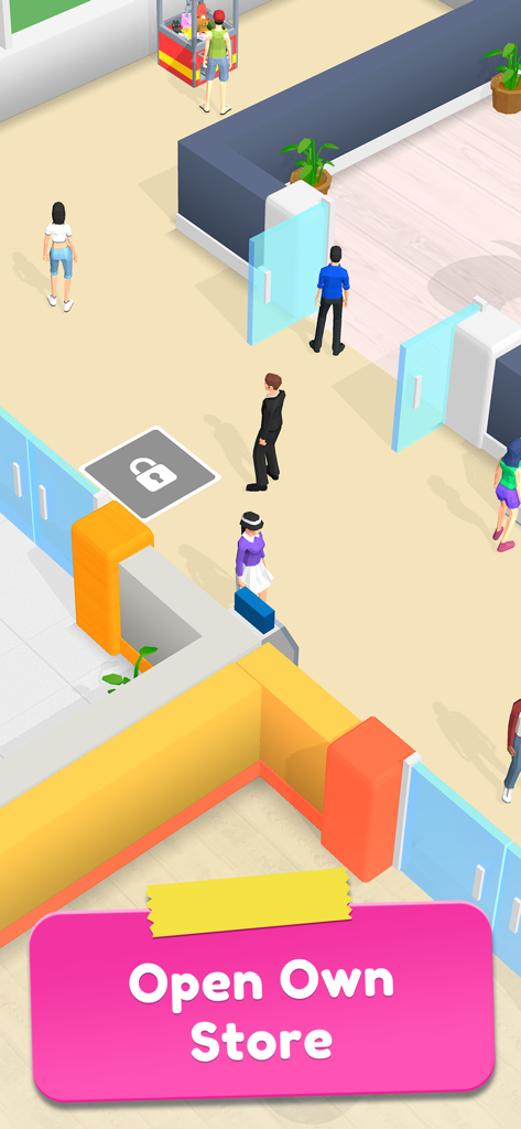 My Shopping Rush: Manage Mall - Visão de cima para baixo de uma simulação de shopping com personagens caminhando e um prompt para abrir uma nova loja.