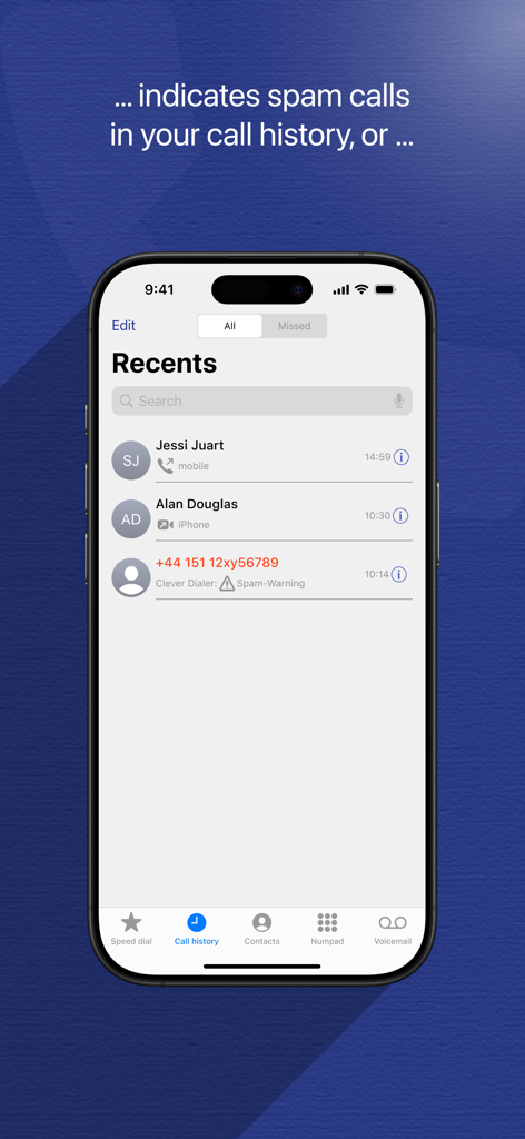 iPhone-Bildschirm zeigt die Clever Dialer App, die einen Spam-Anruf in der Übersicht der letzten Anrufe identifiziert