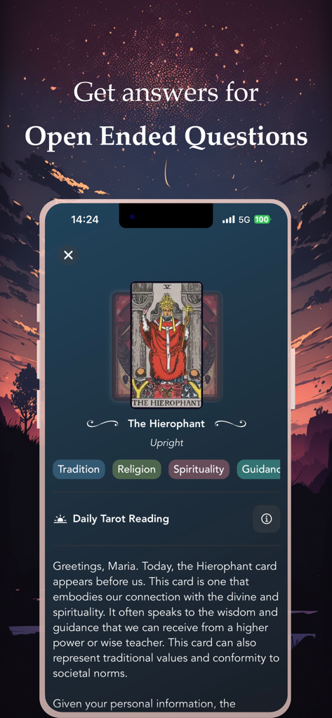 Uma interface de leitura personalizada de tarot por IA mostrando a carta O Hierofante e orientação espiritual