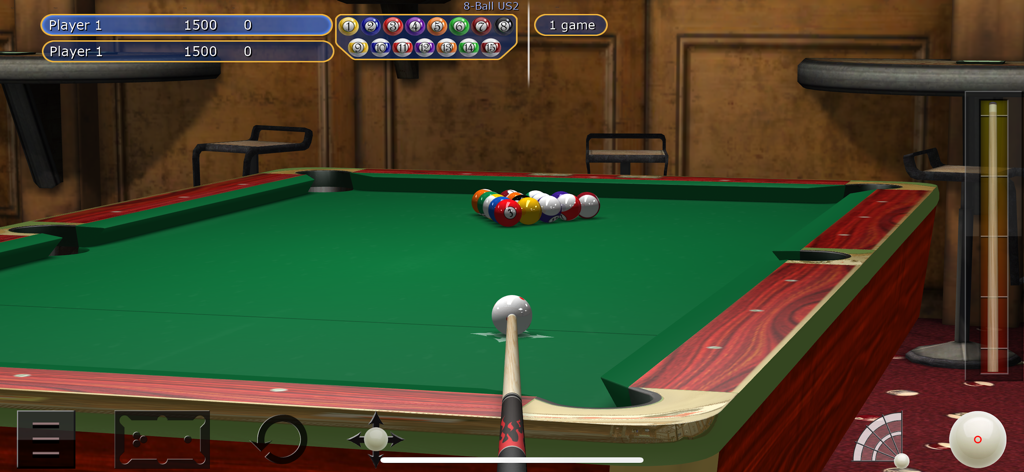 First person gameplay view of an 8 ball billiards match in the Virtual Pool sports simulator
