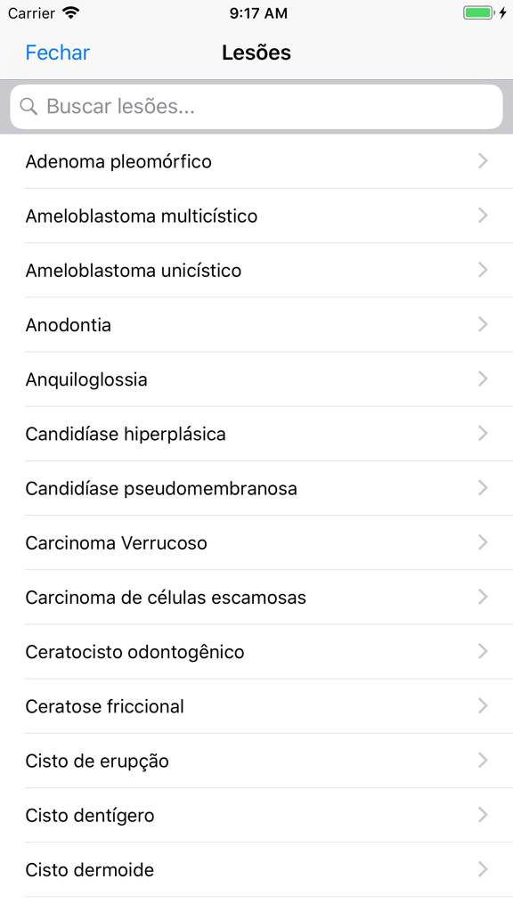 A list of oral lesions and pathologies within the Bucal app interface in Portuguese.