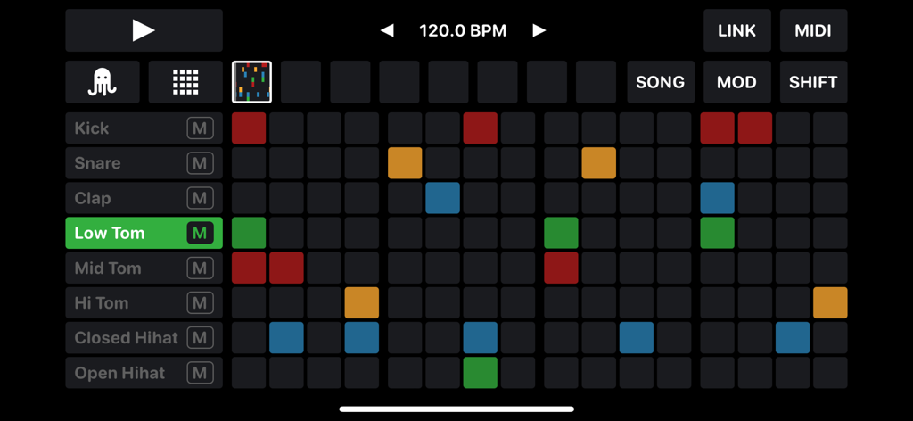 Main step sequencer interface of the OCTACHRON MIDI Drum Sequencer app showing multiple drum tracks with colored step triggers