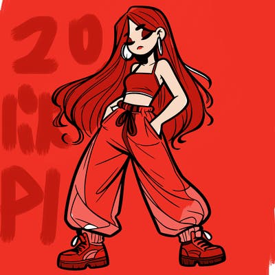 girl in baggy pants crop top and long hair