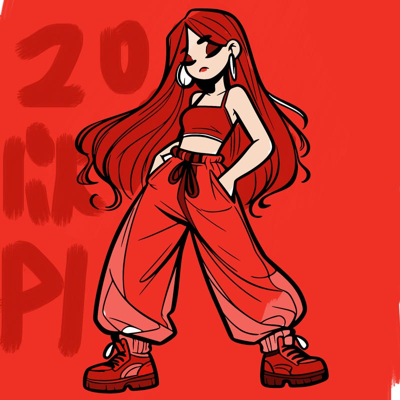 girl in baggy pants crop top and long hair