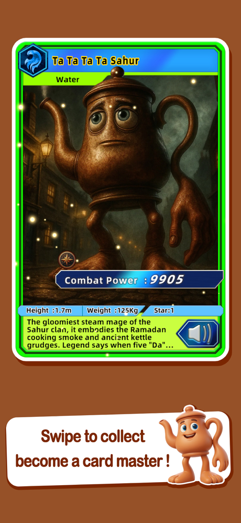 Brainrot Book - Carta de personaje digital para Ta Ta Ta Ta Sahur en la aplicación Brainrot Book con una criatura hervidor con estadísticas.