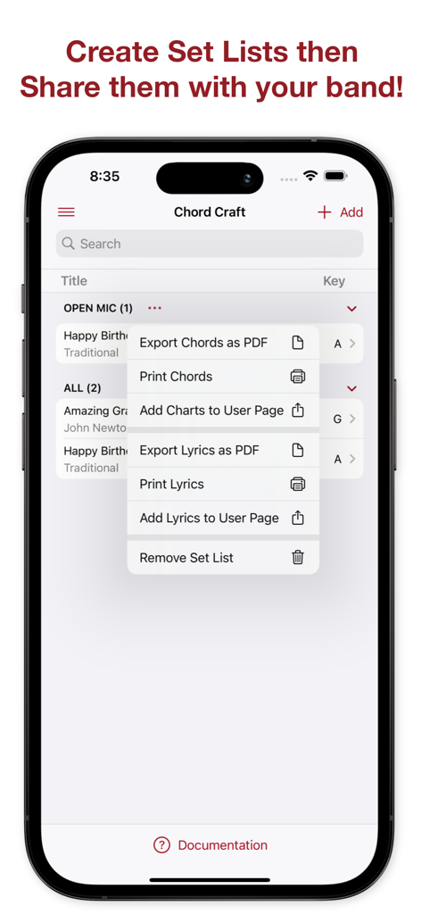 Interface of Chord Craft guitar app showing set list sharing and PDF export options