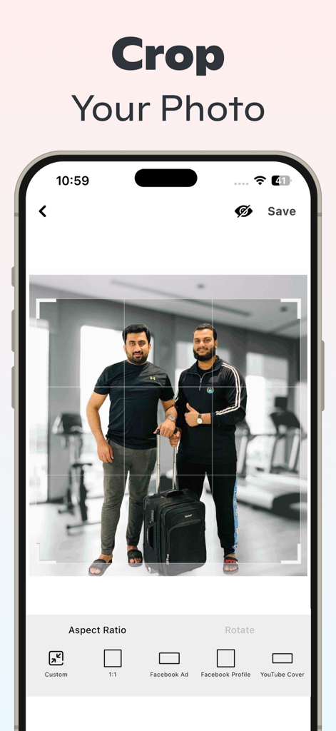 Background Remover - BG Editor - Interface for cropping photos with social media aspect ratio presets like Facebook Ad and YouTube Cover.