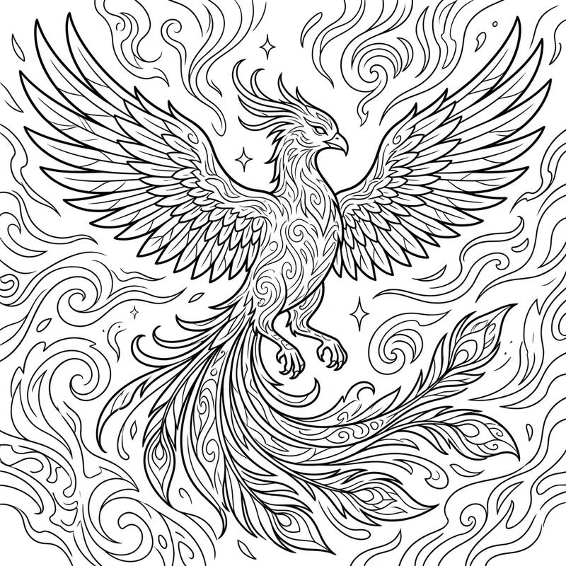 Unleash your artistic spirit with this stunning Spirit Phoenix coloring page, showcasing the mythical bird in all its ethereal glory. Its intricate patterns and swirling background offer a captivating challenge for colorists of all levels.