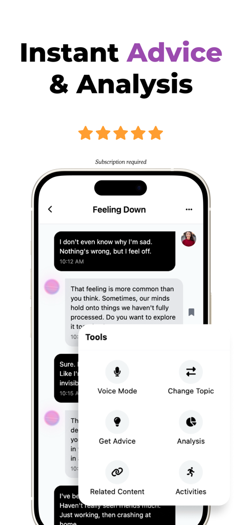 Abby AI mental health app tools menu showing advice and analysis options