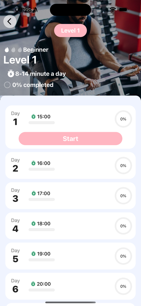Learn Karate Mastery At Home - Interface showing a beginner level karate training plan with daily workout sessions for home practice.