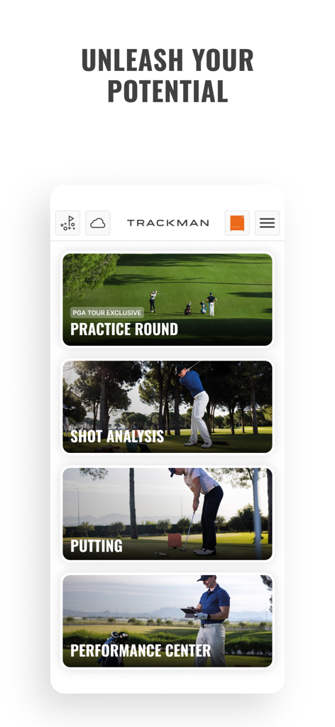 트랙맨 골프 프로 앱 메인 메뉴로, 연습 라운드 샷 분석, 퍼팅 및 퍼포먼스 센터 옵션을 보여줍니다.