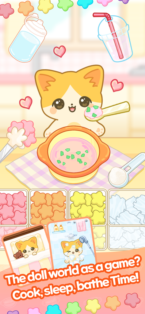 A cute cat doll being fed pink soup with scenes showing it sleeping and bathing in the game Malatang Master