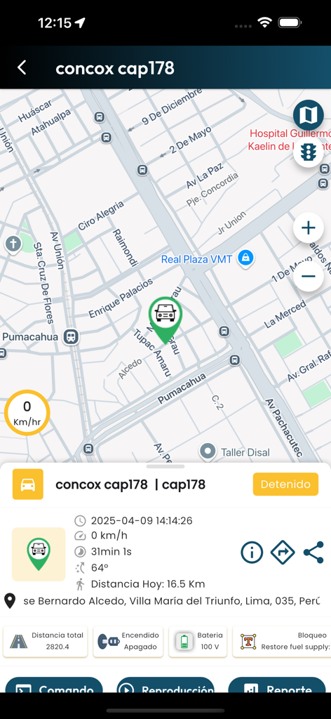 Real time GPS tracking interface showing a vehicle location and status on a map