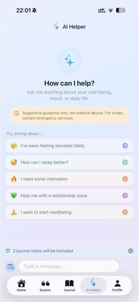 Mindora AI Assistant - Mindora AI Helper screen showing mental health chat prompts for stress and meditation