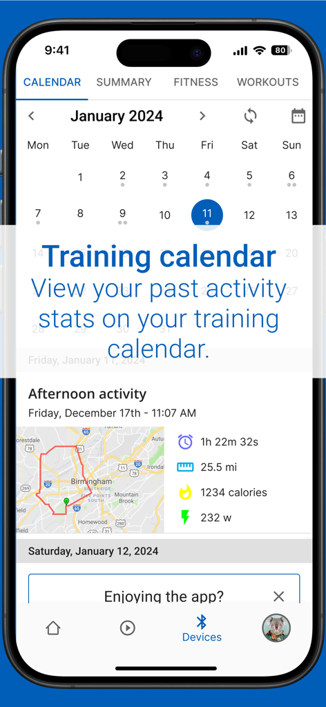 Stages Cycling - Interfaz del calendario de entrenamiento de la aplicación Stages Cycling que muestra estadísticas de recorridos anteriores y un mapa de ruta