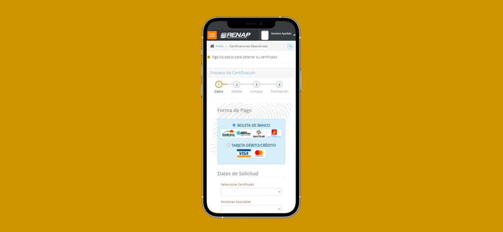 RENAP SE - RENAP SE mobile app showing payment options for document certifications