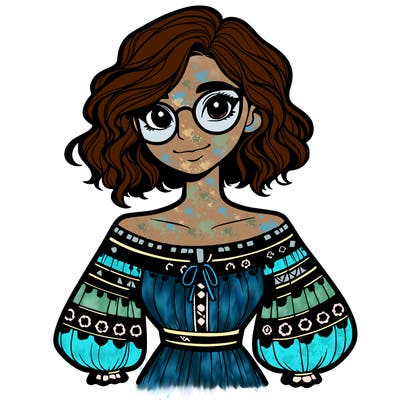 one girl with medium short hair, which are wavy. she has round glasses. she wears a latina outfit.