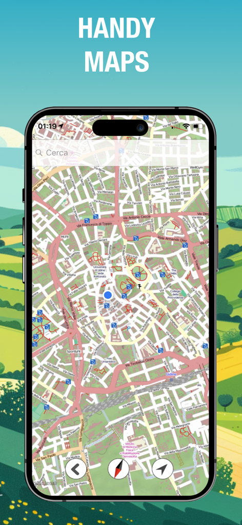 Altimeter GPS & Barometer - Interface de mapa de navegação no aplicativo Altimeter GPS para caminhadas em áreas remotas