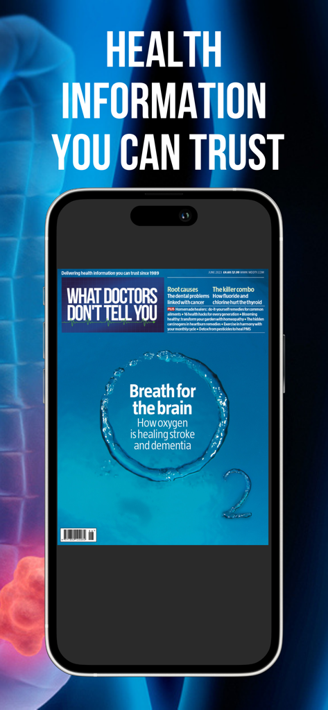 What Doctors Don’t Tell You - A smartphone displaying the digital cover of What Doctors Don't Tell You magazine featuring an article about brain health.