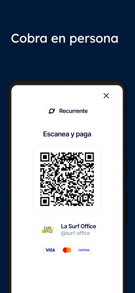 Pantalla de la aplicación Recurrente mostrando un código QR para pagos móviles en persona