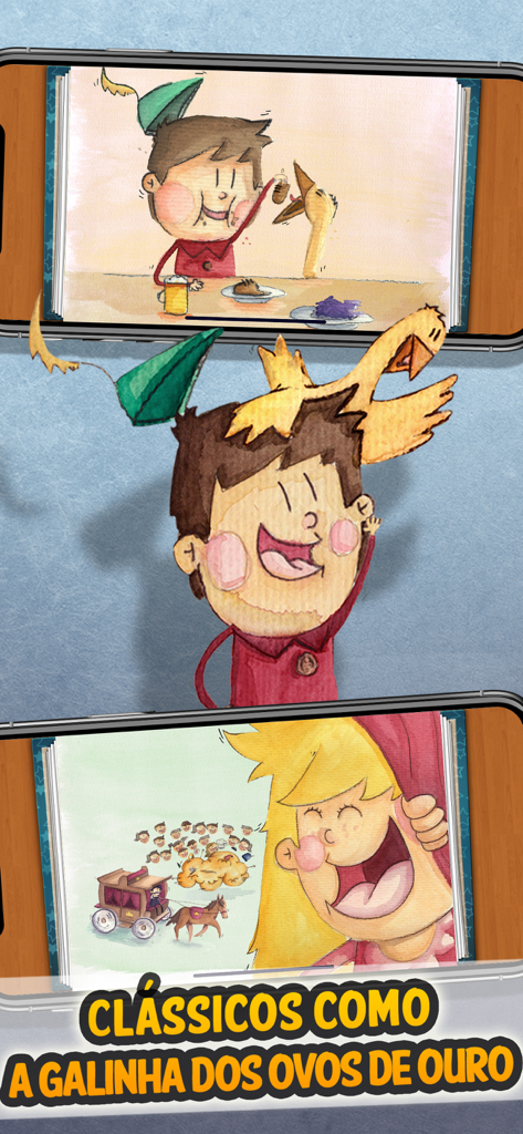 Ilustrações de contos infantis clássicos no aplicativo em português Histórias de Embalar HD