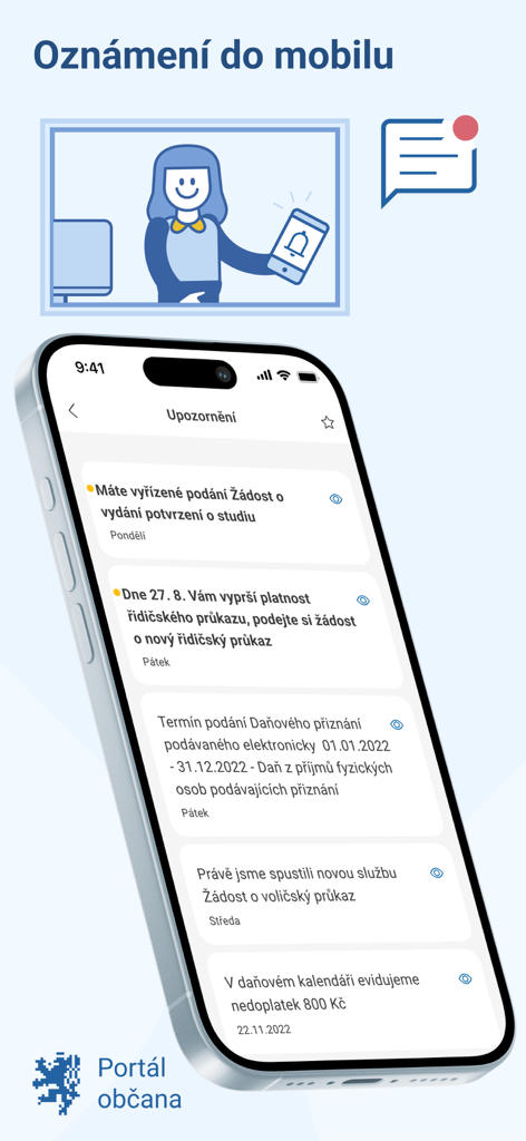 Portál občana - Pantalla de la aplicación móvil que muestra notificaciones del gobierno para caducidad de documentos e impuestos