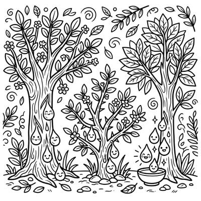 Dive into a charming forest of frankincense, myrrh, and benzoin with this adorable coloring page designed for kids aged 4-8. Watch as smiling resin drops bring these fragrant trees to life, ready for a burst of color and creativity.