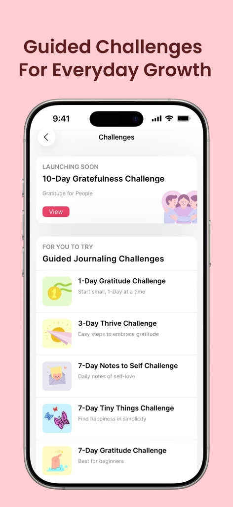 Gratitude: Self-Care Journal - A mobile interface displaying various guided journaling and self-care challenges within the Gratitude app.