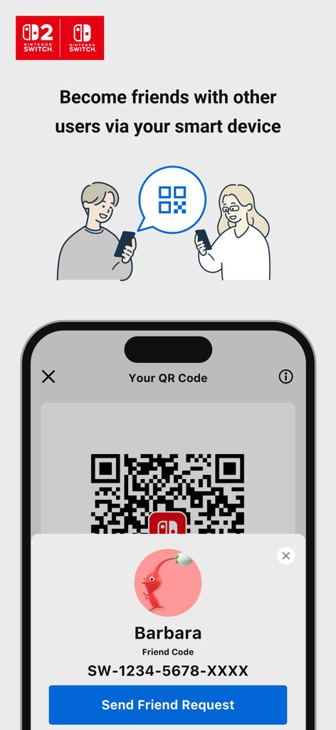 Nintendo Switch App - Nintendo Switch App interface showing a QR code and a button to send a friend request