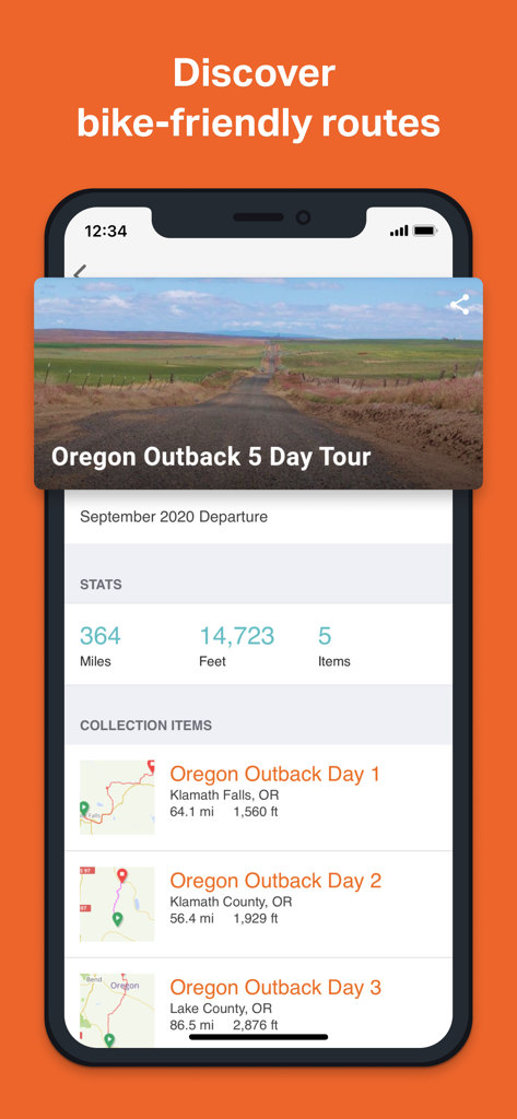 Ride with GPS: Bike Navigation - Interfaz de la aplicación Ride with GPS que muestra un tour ciclista de varios días con estadísticas de ruta y mapas.