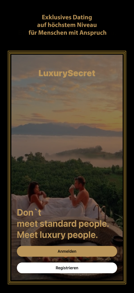 LuxurySecret: Dating & Love - LuxurySecret dating app landing page with a couple at a luxury resort overlooking mountains and registration buttons