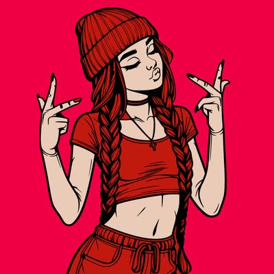 realistic teenage girl with braids and a beanie and crop top doing 🫶🏼