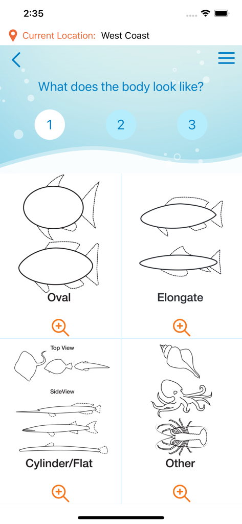 recfishwest - Recfishwest mobile app fish identification tool showing body shape options like oval and elongate