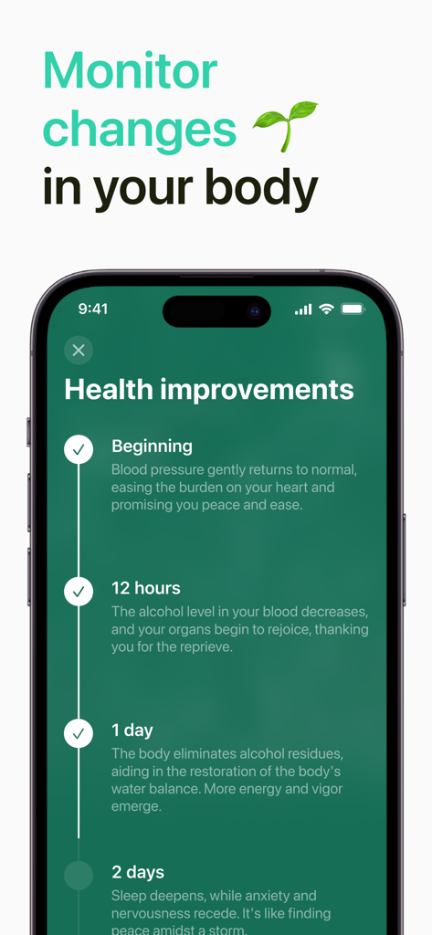 Eine Zeitleiste, die körperliche Gesundheitsverbesserungen und Körperveränderungen während der Nüchternheitswiederherstellungsphasen zeigt