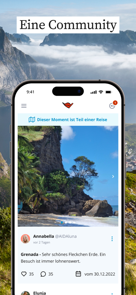 AIDA Cruises - Pantalla de la comunidad de la aplicación AIDA Cruises mostrando una publicación de usuario con una foto de una playa en Granada.
