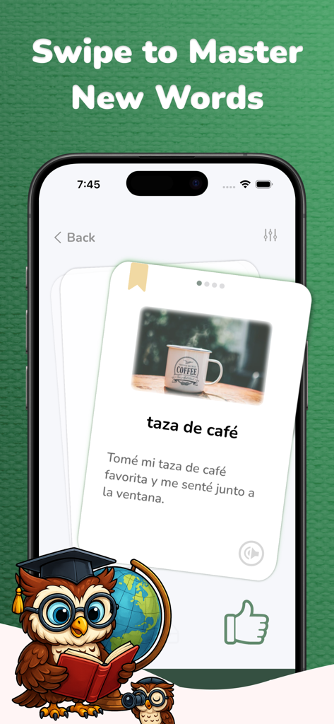 Vocabulary Flashcards: Vocabu - Smartphone screen showing a Spanish vocabulary flashcard for cup of coffee with a swipe learning feature