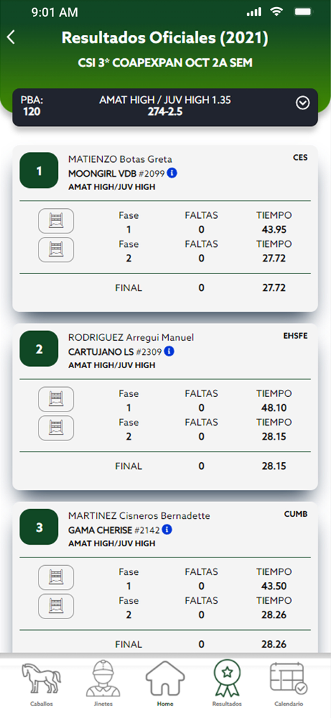 FEM - Official show jumping competition results screen in the FEM app showing rankings and performance stats for riders and horses