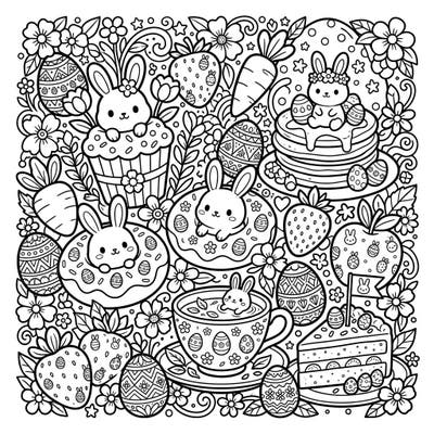 Celebrate Easter with this adorable coloring page featuring playful bunnies nestled among a bounty of food-themed delights. From cupcakes to decorated eggs, this intricate design offers a sweet and engaging coloring experience for all ages.