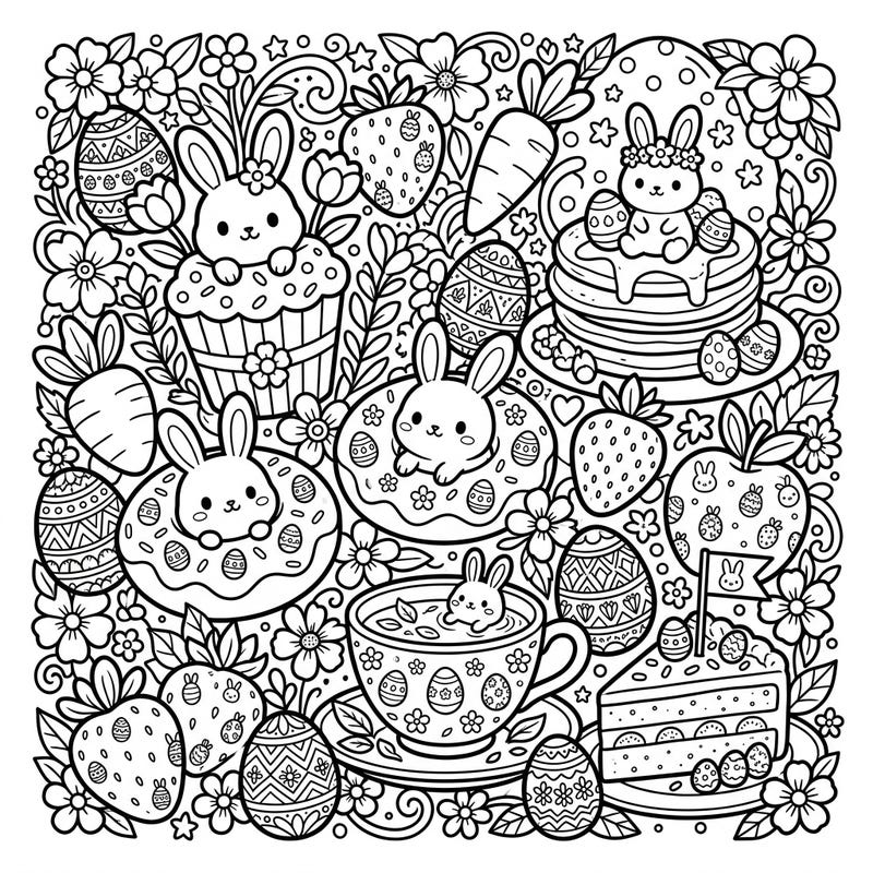 Celebrate Easter with this adorable coloring page featuring playful bunnies nestled among a bounty of food-themed delights. From cupcakes to decorated eggs, this intricate design offers a sweet and engaging coloring experience for all ages.