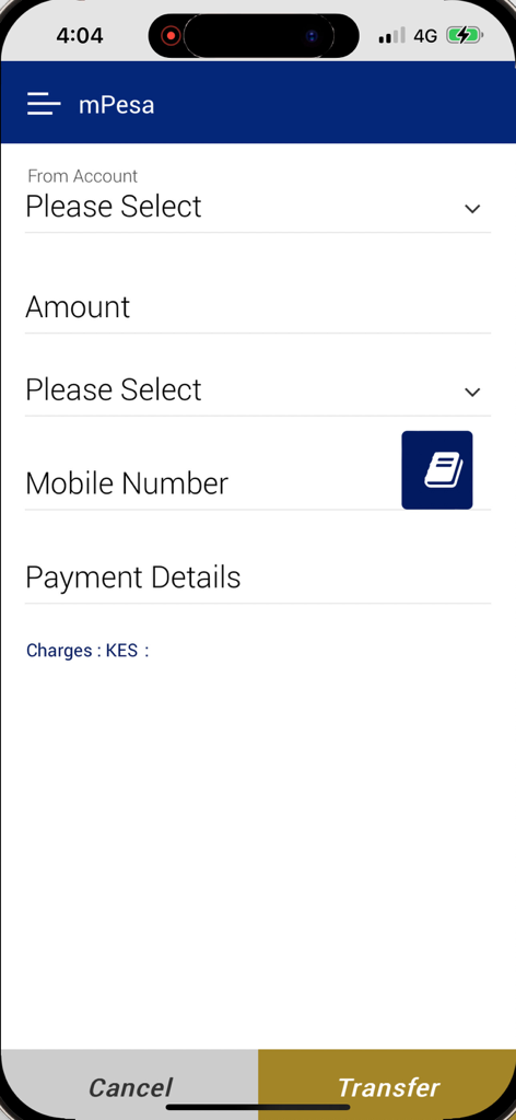 VCB - VCBモバイルアプリのmPesa送金画面